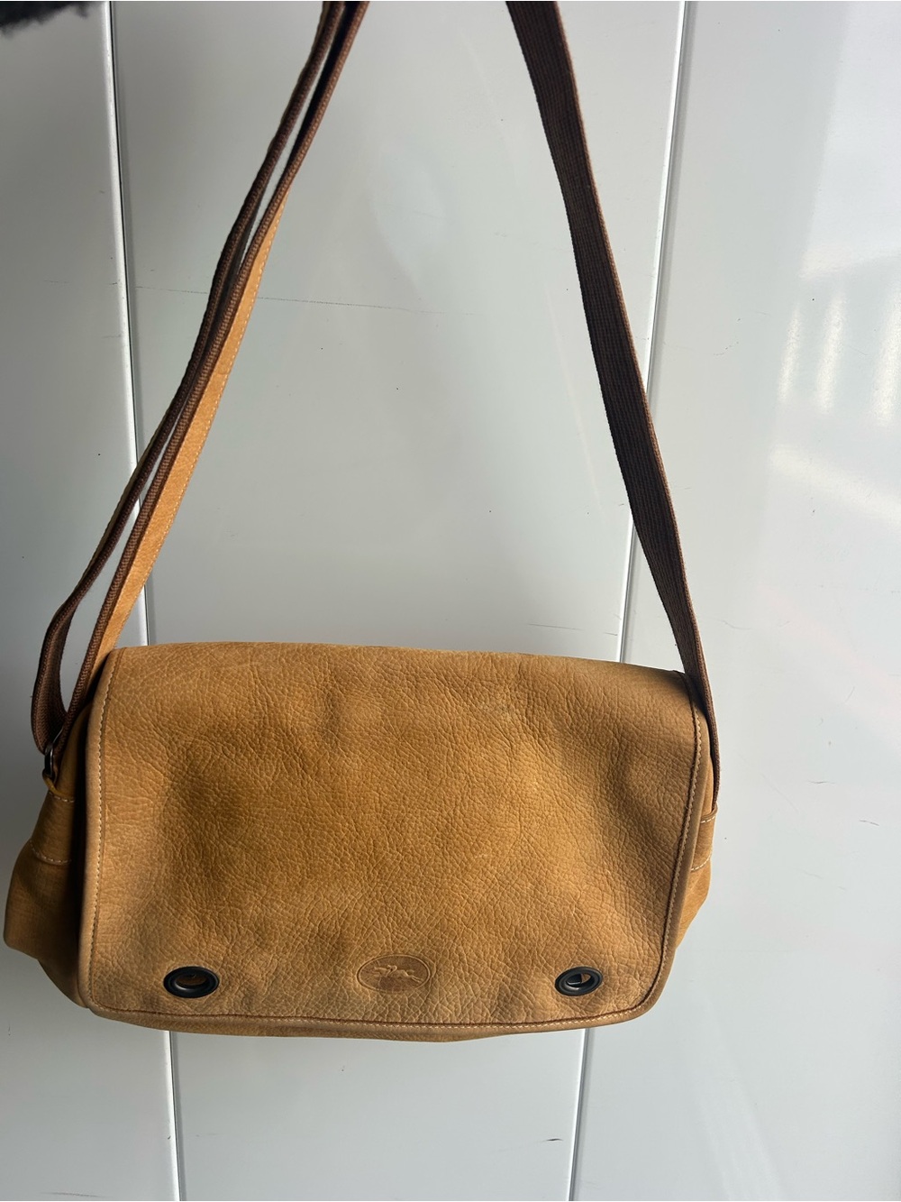 Longchamp Tan Leather Shoulder Bag with Leather Logo Patch